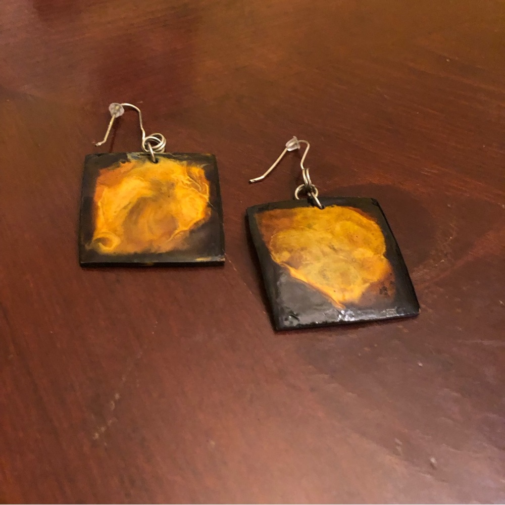 Square Wooden Dangle Drop Earrings Women's Brown/Gold - Picture 5 of 8